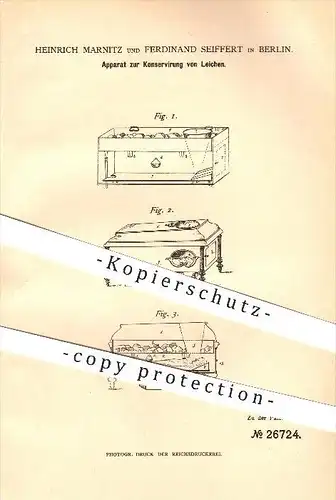 original Patent - H. Marnitz & Ferdinand Seiffert in Berlin , 1883 , Konservierung von Leichen , Bestattung , Mumie !!!