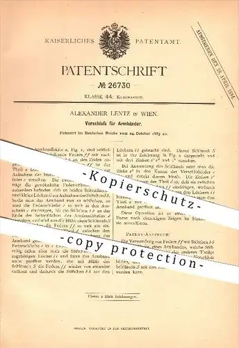 original Patent - Alexander Lentz in Wien , 1883 , Verschluss für Armbänder , Schmuck , Goldschmied !!!