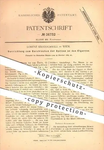 original Patent - Lorenz Kratochwill in Wien , 1883 , Durchlochen der Spitzen an den Zigarren , Tabak !!!