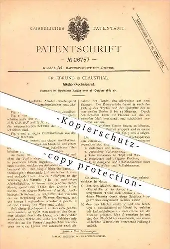 original Patent - Fr. Ebeling in Clausthal , 1883 , Alkohol - Kochapparat ,  Brennerei , Clausthal-Zellerfeld !!!