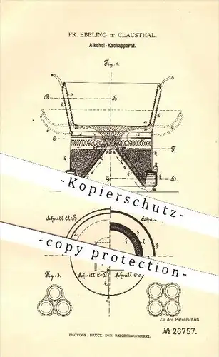original Patent - Fr. Ebeling in Clausthal , 1883 , Alkohol - Kochapparat ,  Brennerei , Clausthal-Zellerfeld !!!
