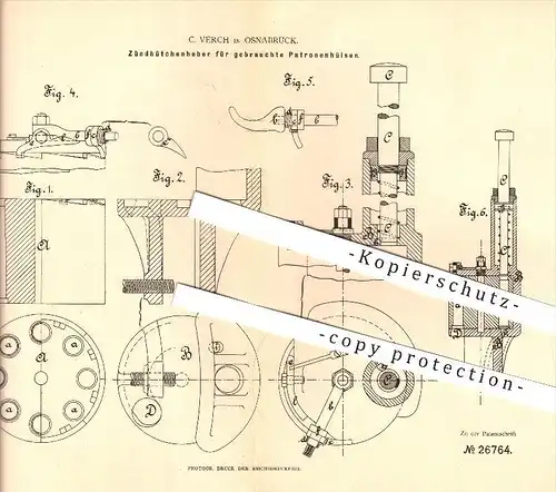 original Patent - C. Verch in Osnabrück , 1883 , Zündhütchen-Heber für gebrauchte Patronen , Munition , Waffen !!!