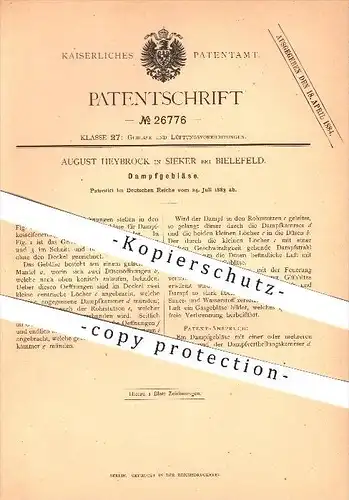 original Patent - August Heybrock in Sieker bei Bielefeld , 1883 , Dampfgebläse , Gebläse !!!