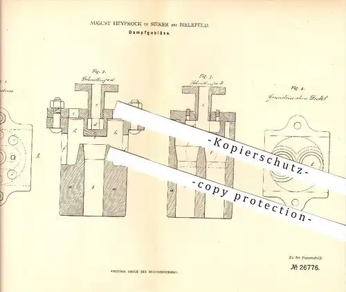 original Patent - August Heybrock in Sieker bei Bielefeld , 1883 , Dampfgebläse , Gebläse !!!