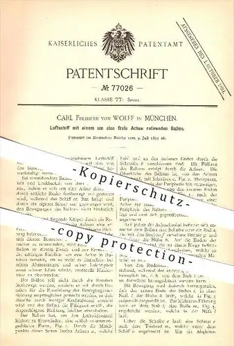original Patent - Carl Freiherr von Wolff in München , 1893 , Luftschiff mit einem rotierenden Ballon , Zeppelin !!!