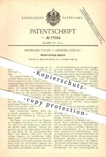 original Patent - Bernhard Unger in Dresden-Löbtau , 1894 , Skatberechnungs-Apparat , Skat , Kartenspiele !!!