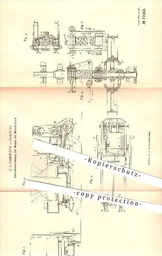 original Patent - S. A. Samuelson in Hamburg , 1893 , Antriebvorrichtung für Wagen mit Motorbetrieb , Fahrzeugbau !!!