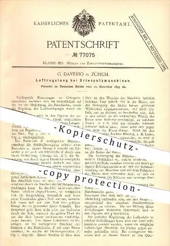 original Patent - G. Daverio in Zürich , 1893 , Luftregelung bei Griesputzmaschinen , Mühlen !!!