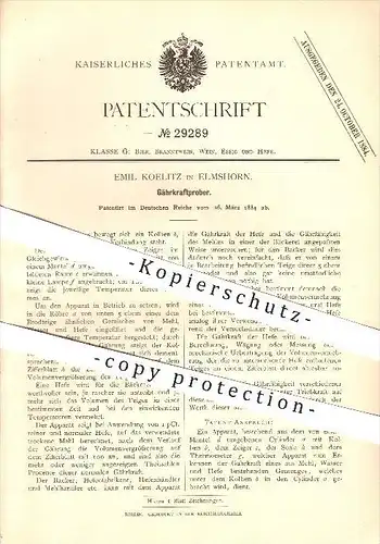 original Patent - Emil Koelitz in Elmshorn , 1884 , Gährkraftprober , Bier , Brauerei !!!