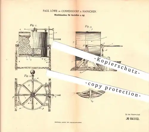 original Patent - Paul Löwe in Cunnersdorf b. Hainichen , 1895 , Waschmaschine für Kartoffeln , Haushalt !!!