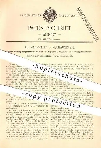original Patent - Th. Mannviller in Mülhausen i. E.  /  Mulhouse , 1895 , Spindel für Ringspulmaschine !!!