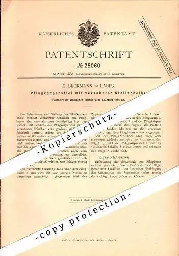 Original Patent - G. Beckmann in Labes / Lobez i. Pommern , 1883 , Pflug-Körperstiel , Landwirtschaft , Agrar !!!