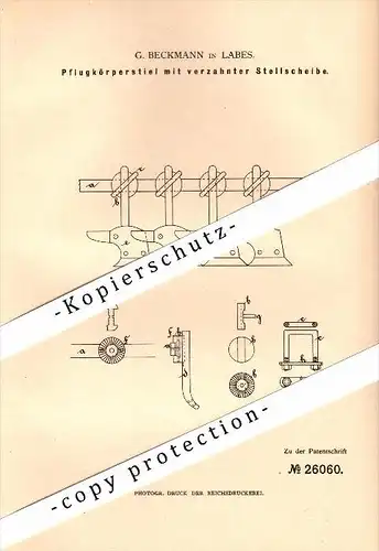 Original Patent - G. Beckmann in Labes / Lobez i. Pommern , 1883 , Pflug-Körperstiel , Landwirtschaft , Agrar !!!