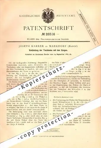 Original Patent - Joseph Karrer in Markdorf , Baden , 1883 , Tischbeine und Zargen , Tischlerei , Schreiner , Möbel !!!