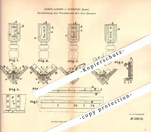 Original Patent - Joseph Karrer in Markdorf , Baden , 1883 , Tischbeine und Zargen , Tischlerei , Schreiner , Möbel !!!