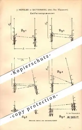 Original Patent - J. Hensler in Battenberg / Eder b. Wiesbaden , 1883 , Entfernungsmesser !!!