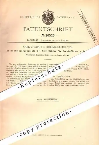 Original Patent - Carl Conradi in Rheinböllerhütte / Rheinböllen , 1883, Drehverschluß für Jauchefässer , Landwirtschaft