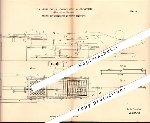 Original Patent - Max Sembritzki in Schlöglmühl / Payerbach b. Gloggnitz ,1883, Erzeugung von Bogenpapier , Papierfabrik