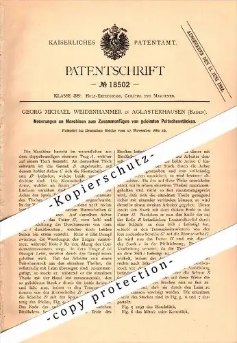 Original Patent - G.M. Weidenhammer in Aglasterhausen , 1881 , Maschine für geleimte Peitschenstöcke , Schreinerei !!!