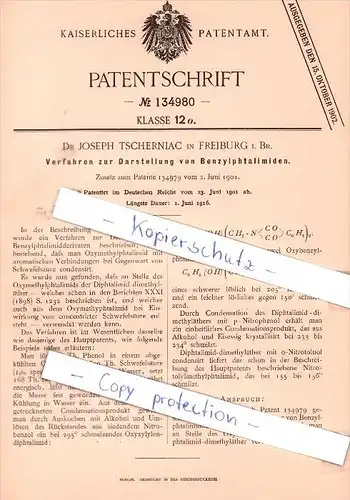 Original Patent - Dr. J. Tscherniac in Freiburg i. Br. , 1901 , Darstellung von Benzylphtalimiden !!!