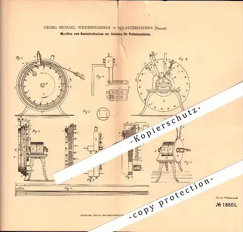 Original Patent - G.M. Weidenhammer in Aglasterhausen , 1881 , Maschine zum Konischschneiden von Schienen , Tischlerei !