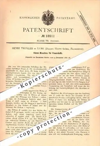 Original Patent - Henri Truxler à Lure , Haute-Saone , 1881 , Peigneuse pour matières fibreuses !!!