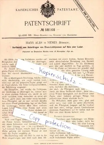 Original Patent - H. Auer in Niemes / Mimon , Böhmen , 1890 , Uebertragen von Eisen-Lichtpausen !!!