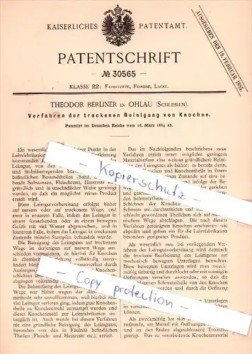 Original Patent - T. Berliner in Ohlau / Olawa , Schlesien , 1884 ,  trockene Reinigung von Knochen !!!