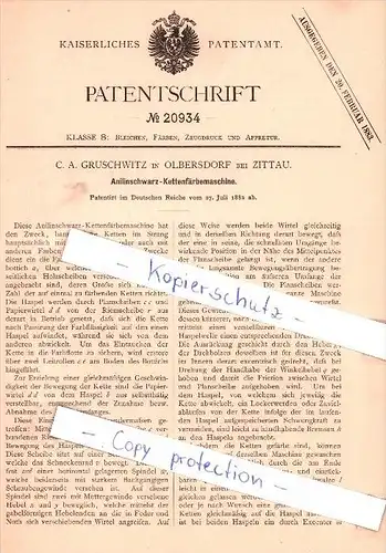 Original Patent - C. A. Gruschwitz in Olbersdorf bei Zittau , 1882 , Kettenfärbemaschine !!!