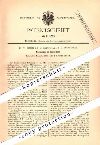 Original Patent - C.W. Moritz in Neustadt am Rübenberge , 1881 , Ventilator , Gebläse , Landwirtschaft , Agrar !!!