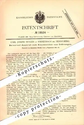 Original Patent - C.J. Menges in Wiesenbach b. Heidelberg , 1881 , Universal-Apparat für Gehrungen , Tischlerei !!!