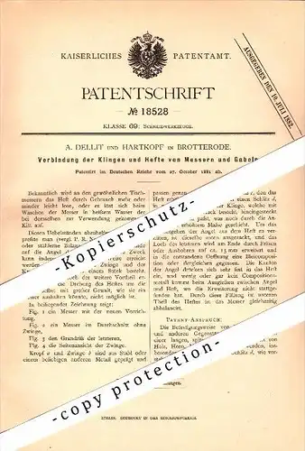 Original Patent - A. Dellit und Hartkopf in Brotterode b. Trusetal , 1881 , Klingenverbindung für Messer und Gabel !!!