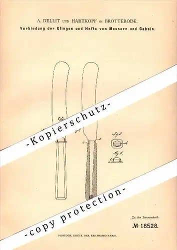 Original Patent - A. Dellit und Hartkopf in Brotterode b. Trusetal , 1881 , Klingenverbindung für Messer und Gabel !!!
