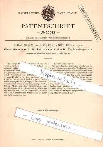 Original Patent - F. Hallström und C. Pölcke in Nienburg a. Saale , 1882 , Circulationsrohr !!!
