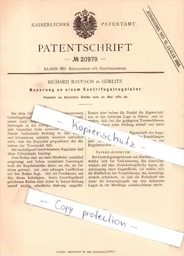 Original Patent - Richard Raupach in Görlitz , 1882 , Neuerung an einem Centrifugalregulator !!!