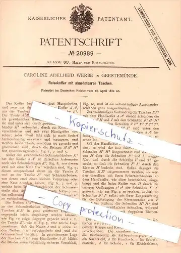 Original Patent - Caroline Adelheid Werbe in Geestemünde , 1882 , Reisekoffer mit Taschen , Bremerhaven !!!