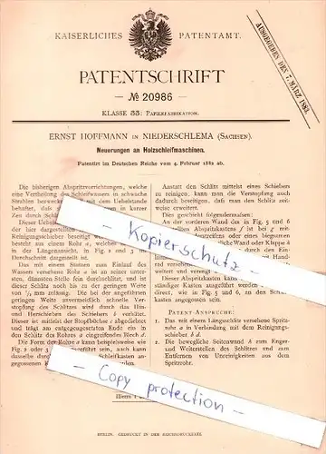 Original Patent - E. Hoffmann in Niederschlema , Sachsen , 1882 , Holzschleifmaschinen , Bad Schlema , Tischlerei !!!