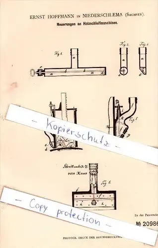 Original Patent - E. Hoffmann in Niederschlema , Sachsen , 1882 , Holzschleifmaschinen , Bad Schlema , Tischlerei !!!