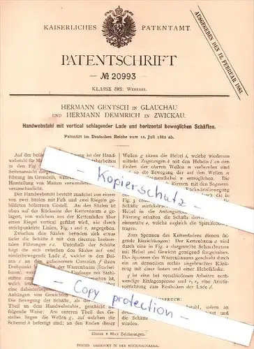 Original Patent - H. Gentsch in Glauchau und H. Demmrich in Zwickau , 1882 , Weberei !!!