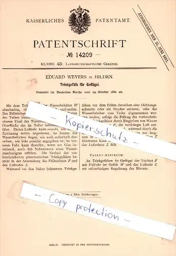 Original Patent - Eduard Weyers in Hilden , 1880 , Trinkgefäß für Geflügel !!!