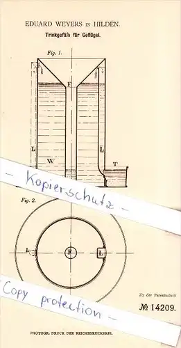 Original Patent - Eduard Weyers in Hilden , 1880 , Trinkgefäß für Geflügel !!!