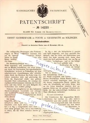 Original Patent - E. Hammesfahr in Foche in Graefrath bei Solingen , 1880 , Metallschreibfeder !!!