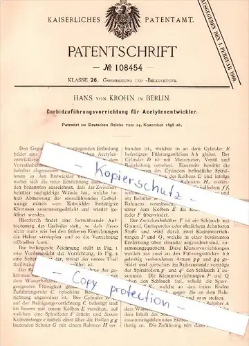 Original Patent -  Hans von Krohn in Berlin , 1898 , Carbidzuführungsvorrichtung !!!