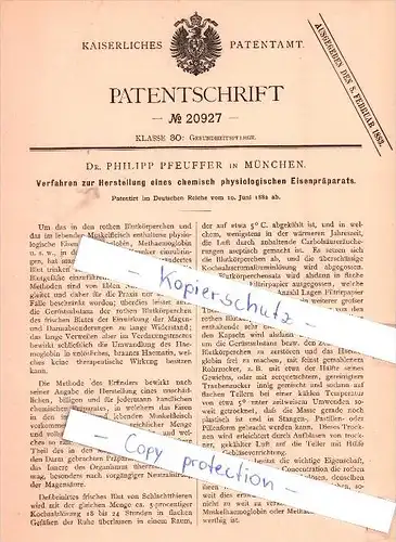Original Patent - Dr. Philipp Pfeuffer in München , 1882 , Herstellung eines Eisenpräparats !!!