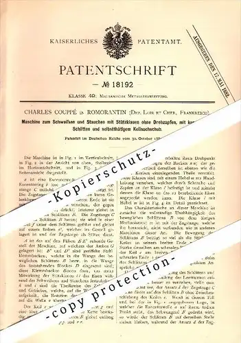 Original Patent - Charles Couppé à Romorantin , Loir et Cher , 1881 , Machine pour le soudage et bouleversant !!!