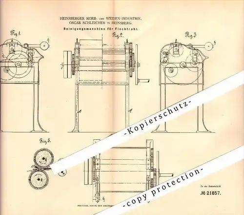 Original Patent - Korb- und Weidenindustrie , Oscar Schleicher in Heinsberg , 1882 , Reinigungsmaschine für Flechtrohr !