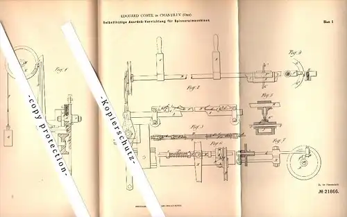 Original Patent - Edouard Comte à Chantilly , 1882 , Appareil pour machine de filature !!!