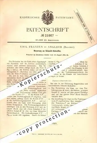 Original Patent - Emil Franzen in Angleur b. Lüttich / Liége , 1882 , Schacht-Koksofen !!!