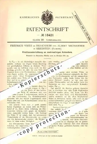 Original Patent - Albert Niethammer in Kriebstein , 1881 , Frictionsapparat für Papierfabrik , F. Voith in Heidenheim !!