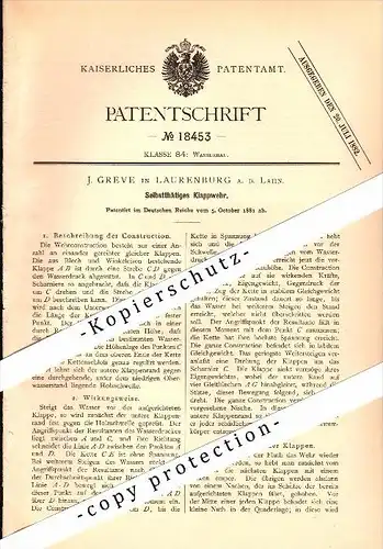 Original Patent - J. Greve in Laurenburg a.d. Lahn b. Diez , 1881 , selbsttätiges Klappenwehr , Wehr , Stau !!!